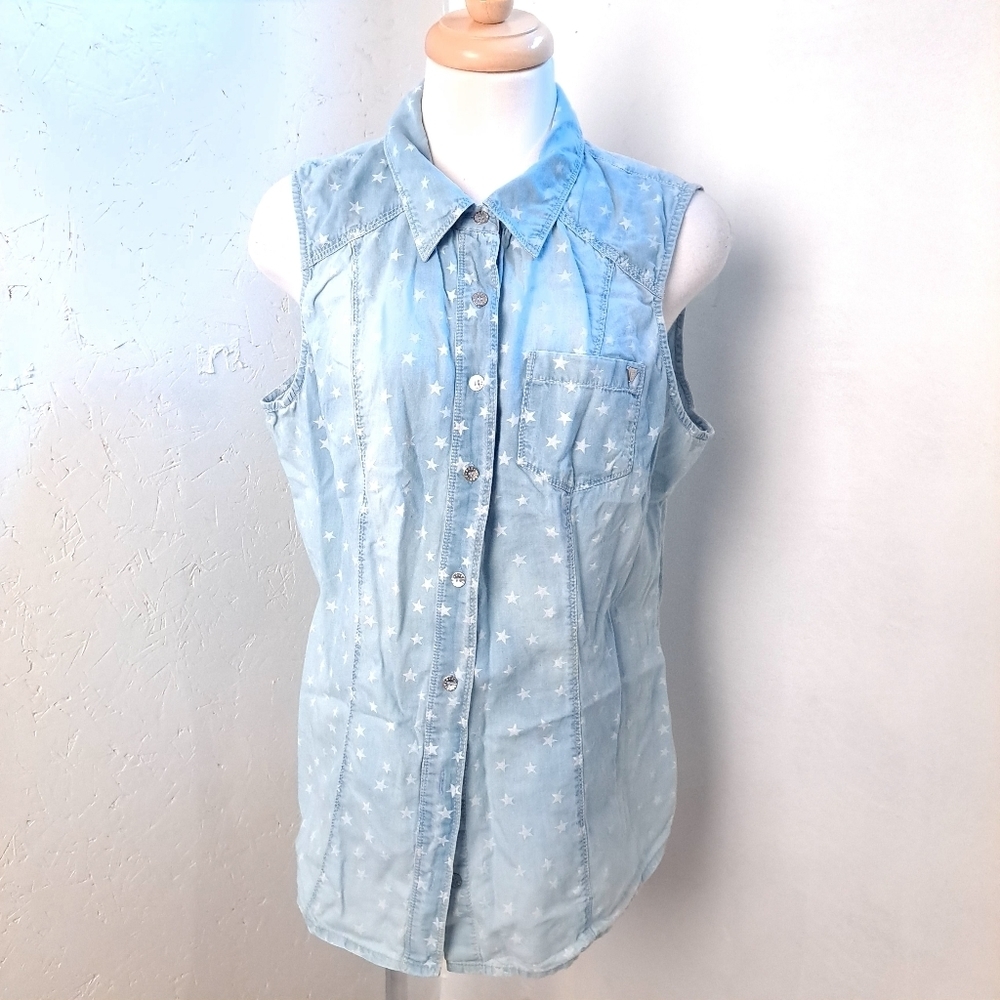 Guess | Pastel Faded Blue & White Stars Sleevless Collared Button Up Shirt